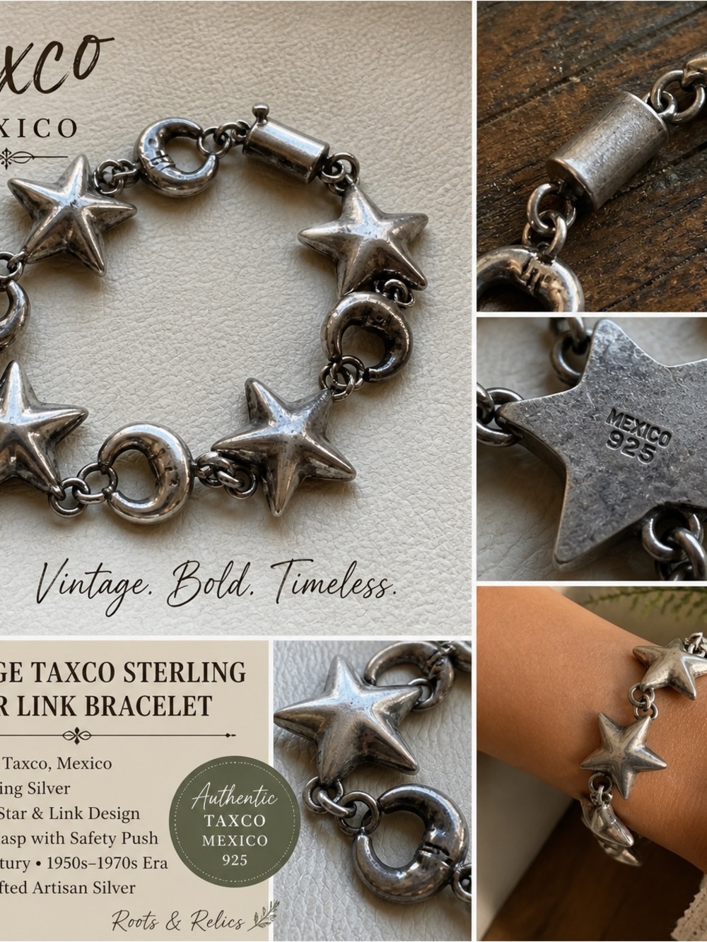 Vintage Taxco 925 Sterling Heavy Star Link Bracelet Chunky Mexico Silver